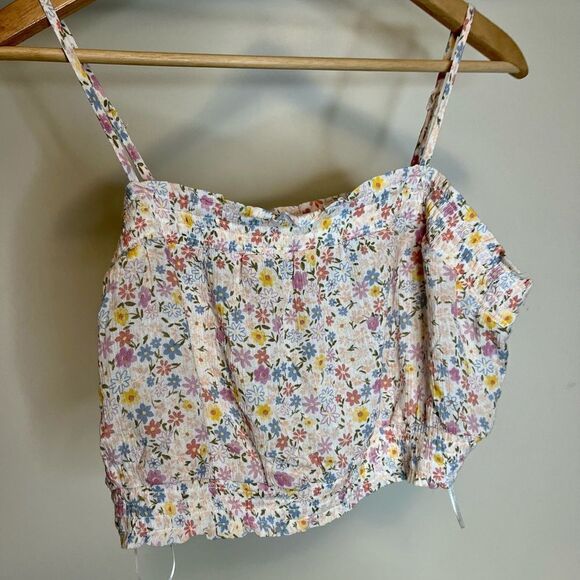 NWT Hippie Rose Printed Smocked Tank Top L Ivory Floral Square Neck - Picture 1 of 3